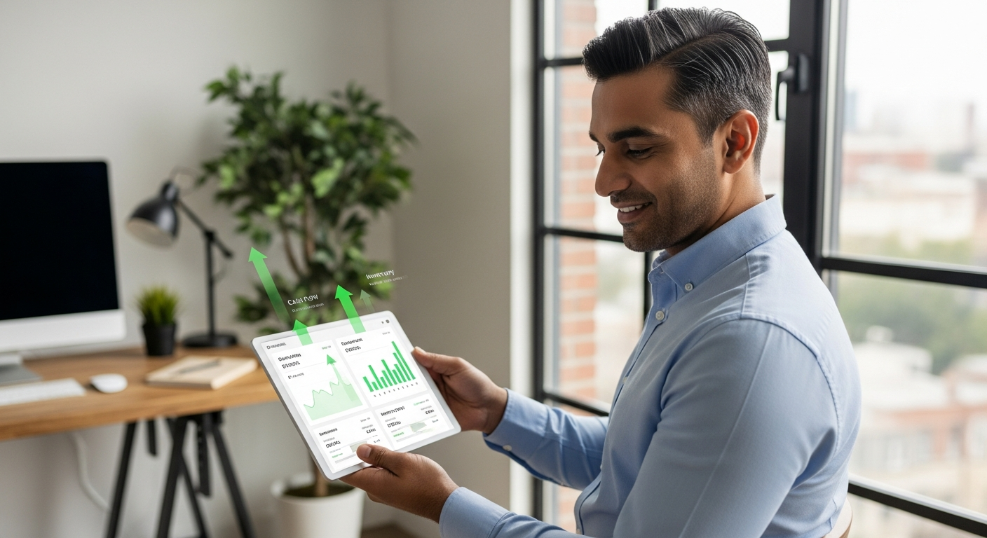 "An Indian entrepreneur confidently managing business finances and working capital on a tablet, symbolizing smart financial planning and growth."