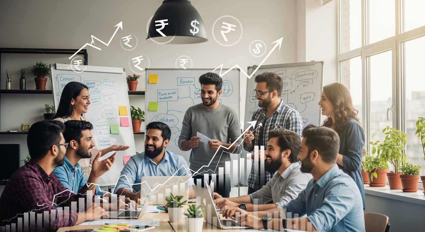 "Indian entrepreneurs collaborating with a backdrop of financial growth symbols, illustrating the energy and potential of small and medium enterprises in India."