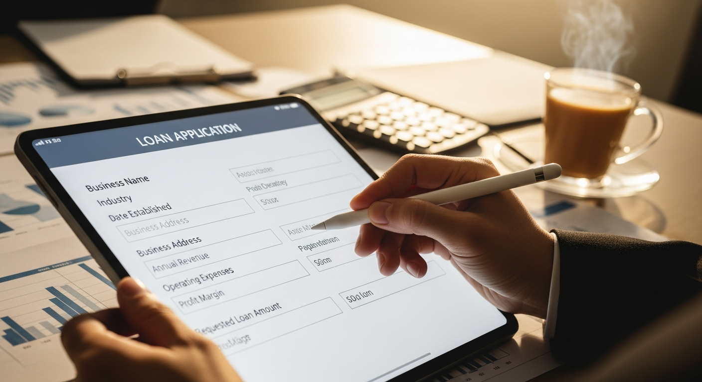 "A person's hand filling out a digital loan application for SME financing on a tablet, with financial documents nearby, symbolizing the modern process of securing business funding."