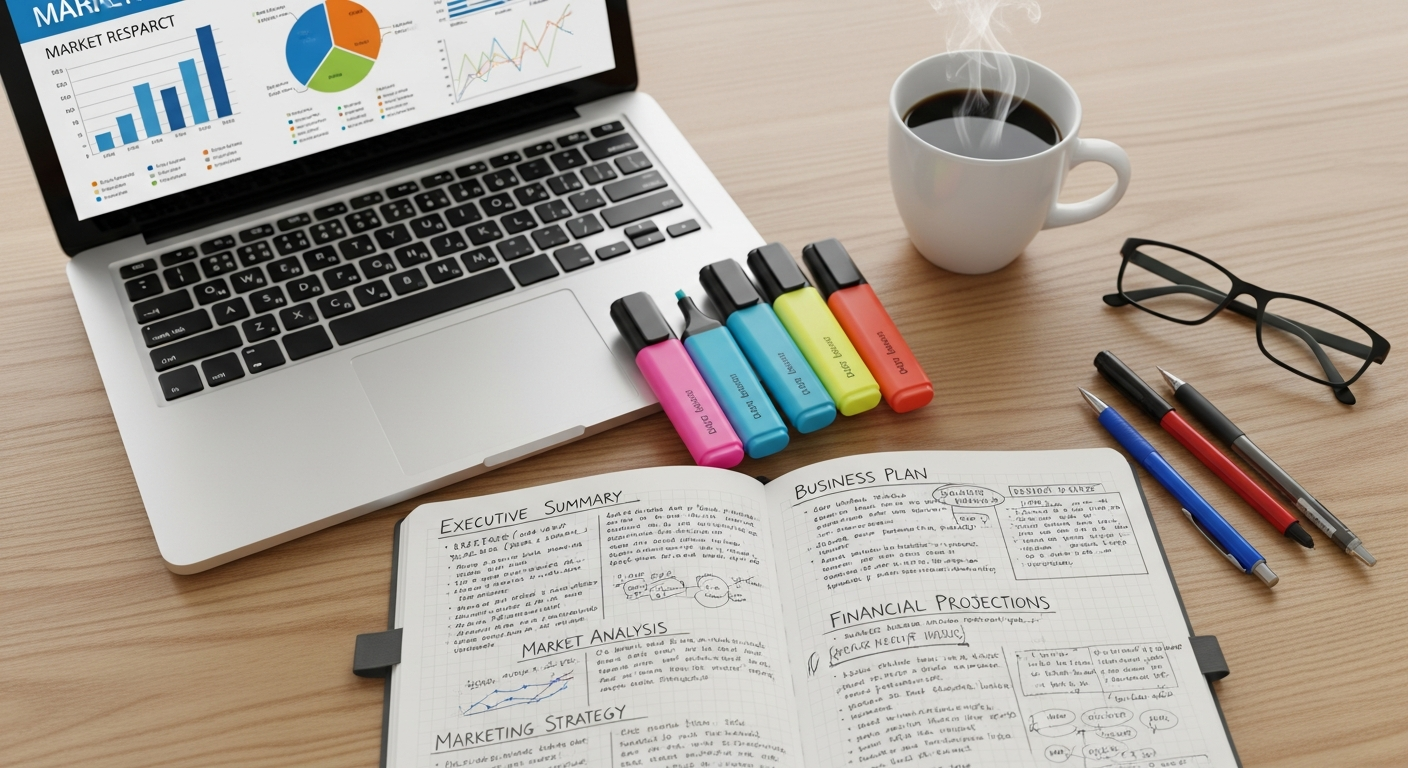 "A business plan notebook with market research graphs on a laptop, symbolizing strategic planning for business growth."