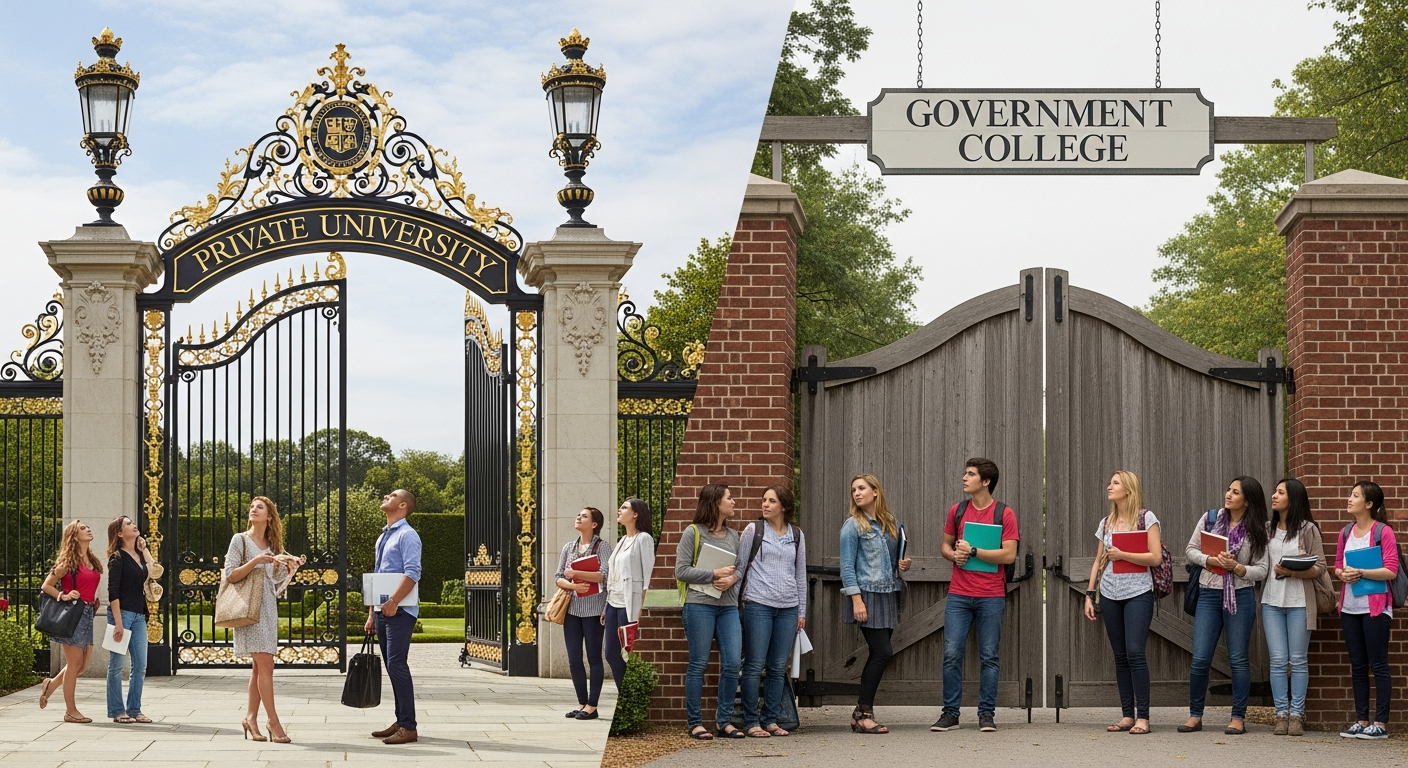 "A visual comparison of a grand private university gate and a simpler government college gate, illustrating the difference in access and cost."